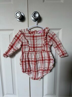 Rufflebutts Plaid One-Piece Romper in Burnt Orange and White